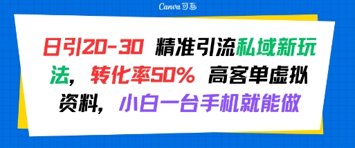 日引 20-30 精准引流私域新玩法，转化率50% 高客单虚拟资料，小白一台手机就能做-宅客基地