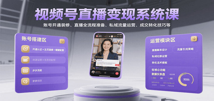 视频号直播变现系统课，账号开通装修、直播全流程准备、私域流量运营、成交转化技巧等-宅客基地
