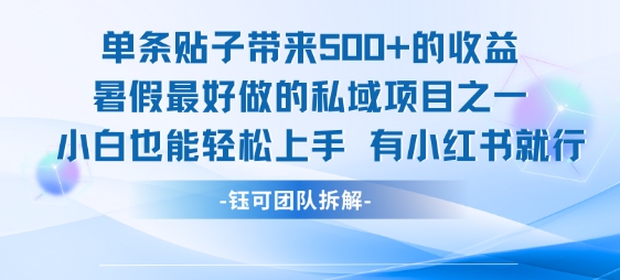 单条贴子带来5张的收益，暑假最好做的私域项目之一，小白也能轻松上手，有小红书就行-宅客基地