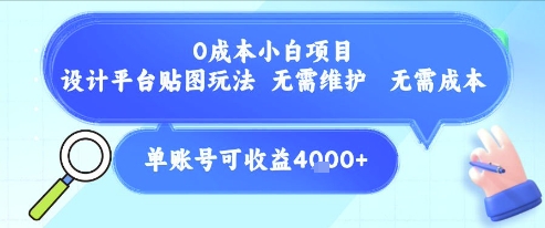 0成本小白项目，设计平台贴图玩法，无需维护，无需成本，单账号单月可产生收益4k+-宅客基地