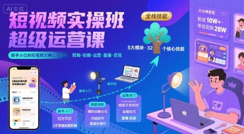 短视频实操班超级运营课，新手小白到短视频大神必修课程，剪辑-拍摄-运营-直播-变现-宅客基地