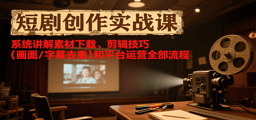 短剧创作实战课，系统讲解素材下载、剪辑技巧（画面/字幕去重）和平台运营全部流程-宅客基地