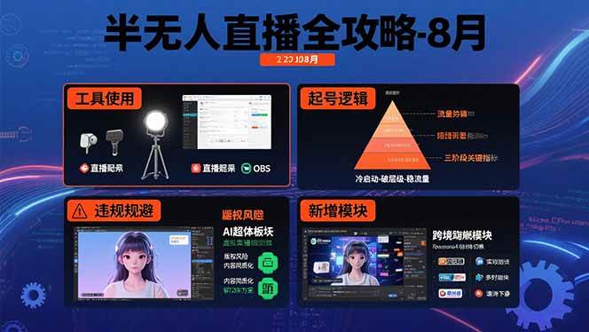 （15669期）半无人直播全攻略-8月：工具使用+起号逻辑+违规规避,新增AI超体与跨境模块-宅客基地
