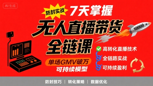无人直播带货全链防封实战课，7天掌握高转化直播技术，实现单场GMV破万可持续模型-宅客基地