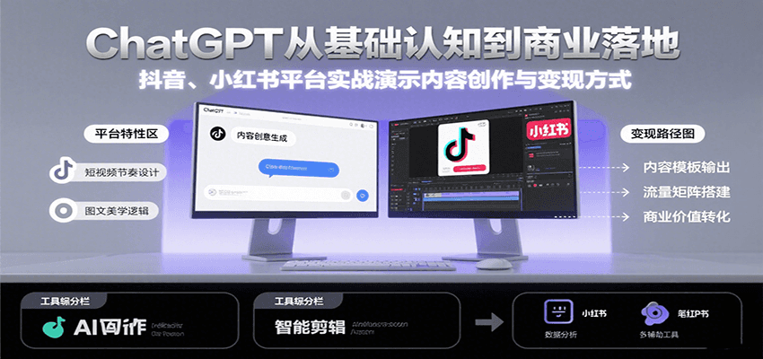ChatGPT从基础认知到商业落地，实战演示抖音、小红书等平台的内容创作与变现-宅客基地