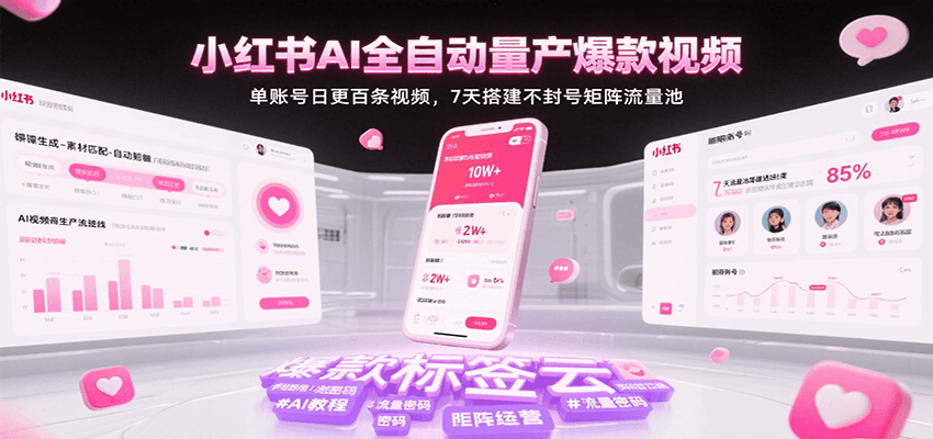 小红书AI全自动量产爆款视频，单账号日更百条视频，7天搭建不封号矩阵流量池-宅客基地