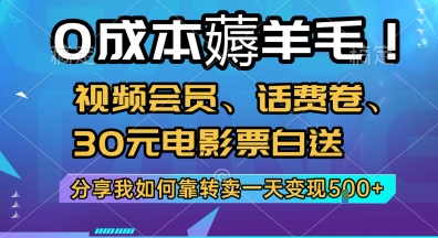 0成本薅羊毛!视频会员、话费卷、30元电影票白送，分享我如何靠转卖一天变现5张+【揭秘】-宅客基地