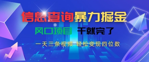 信息查询暴力掘金，一天三条视频，轻松变现四位数，风口项目干就完了【揭秘】-宅客基地
