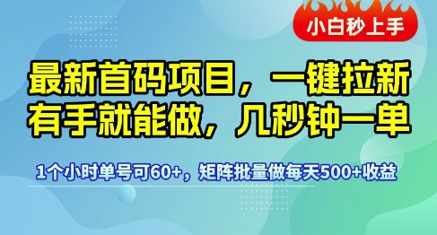 最新首码项目，一键拉新有手就能做，几秒钟一单，1个小时单号可60+，矩阵批量做每天5张【揭秘】-宅客基地