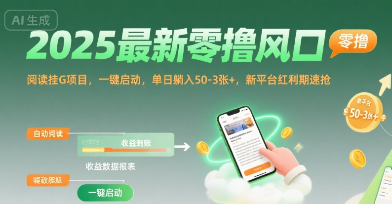 2025最新零撸风口，阅读挂G项目，一键启动，单日躺入 50-3张+，新平台红利期速抢【揭秘】-宅客基地